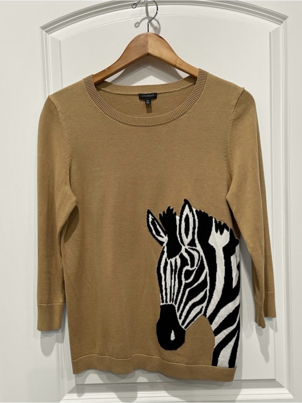 Talbots Zebra Graphic Sweater Camel Black White Size M Cotton Rayon - Picture 2 of 8
